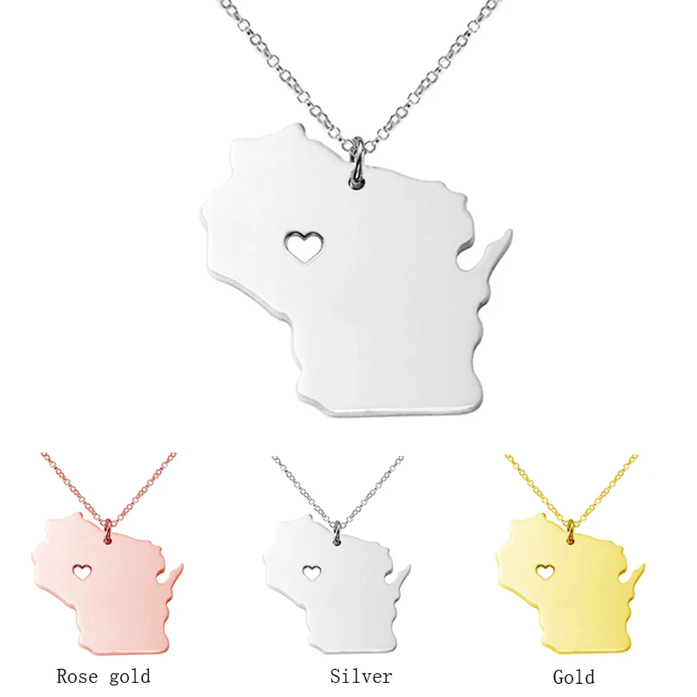 Fashion Sliver Color Wisconsin Map Pendant Necklace Stainless Steel United States Necklaces Jewelry