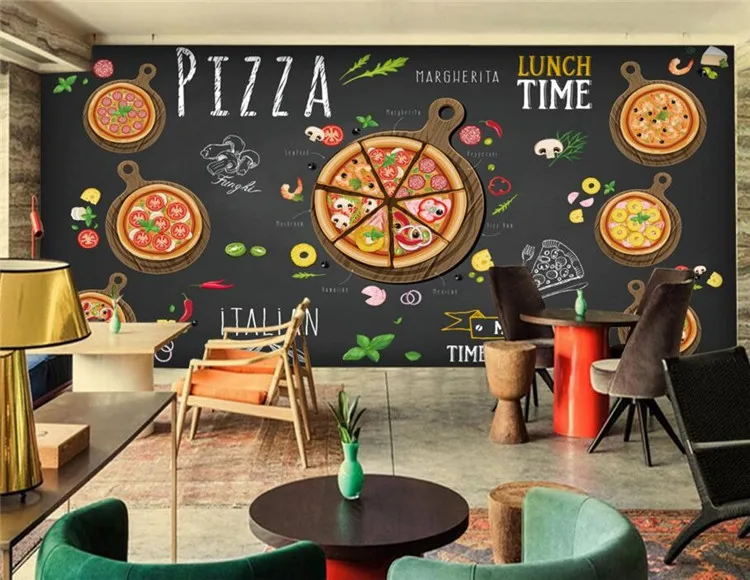 

Custom restaurant wallpaper,Hand-painted cartoon delicious pizza,3D murals for cafe restaurant background wall PVC wallpaper