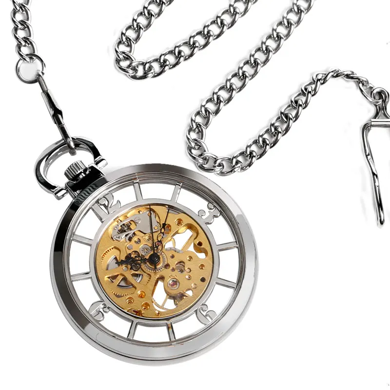 Silver Transparent Hand Wind Mechanical Pocket Watch Men Women Open Face Vintage Steampunk Skeleton Clock Pendant Chain Gift