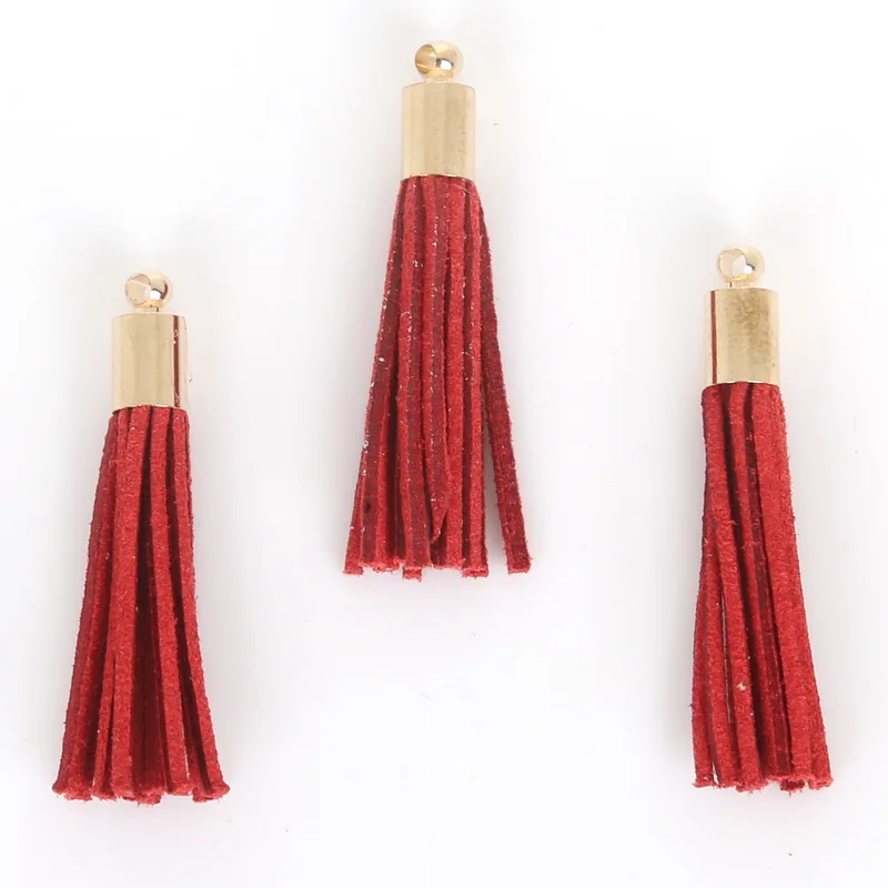 30 sztuk/partia 35mm Suede Tassel do pęku kluczy do telefonu komórkowego biżuteria Charms skórzane frędzle Plated złoty czapki Diy akcesoria