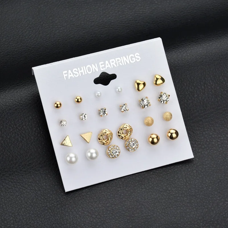 Brincos Fashion 12 Pair/set Women Square Crystal Heart Earrings For Women Piercing Simulated Pearl Flower Earrings Set Free