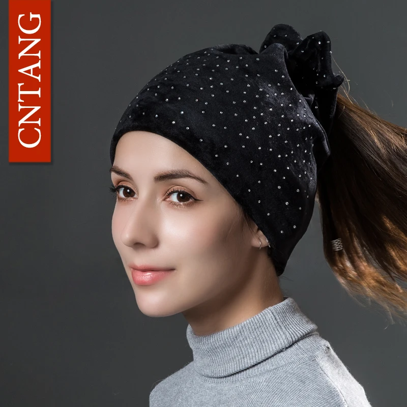 CNTANG Women Rhinestones Velvet Hats Winter Warm Fashion Tied hair Ponytail Hat For Female Autumn Flannel Caps Skullies Beanies