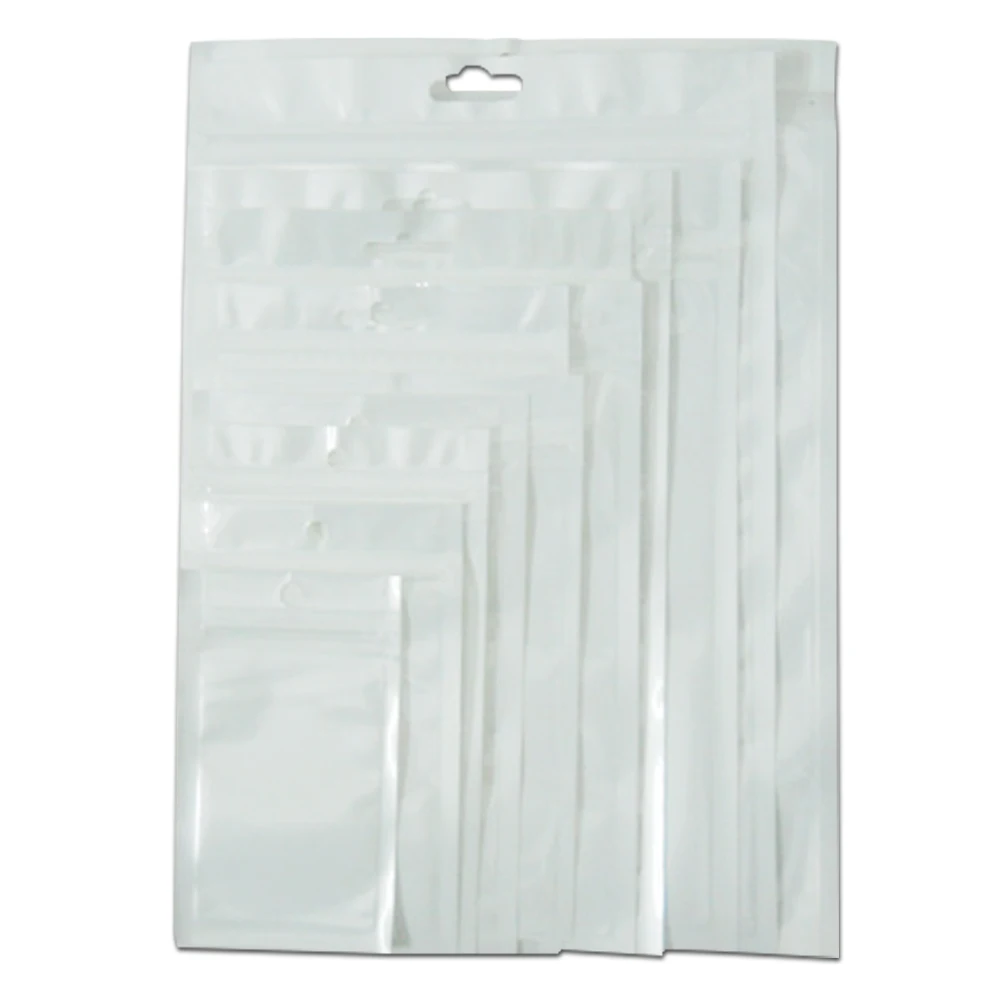 

200pcs/Lot Multi Sizes Plastic Zipper Reclosable Clear Package Bag For Electronic Accessories Storage W/ Hang Hole White Pouches