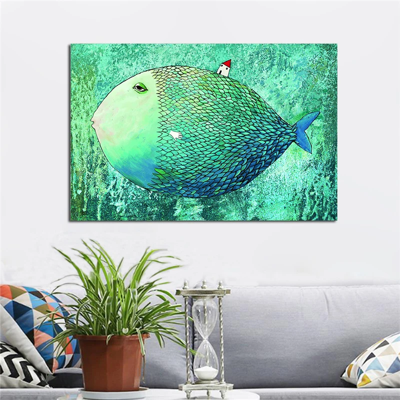 

Comics Fish Canvas Painting Scandinavian Nordic Poster Print Minimalist Wall Picture for Living Room Kids Child Room Home Decor