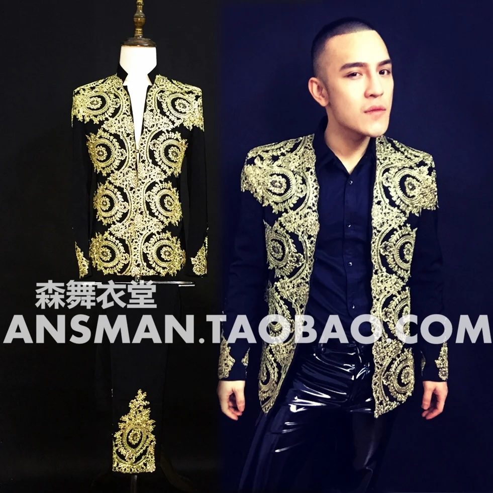 New Men's Slim Plus Size Blazers Coat DJ Baroque Court Embroidery Suit Jackets Nightclub Bar Male Singer Costume Set Hombre