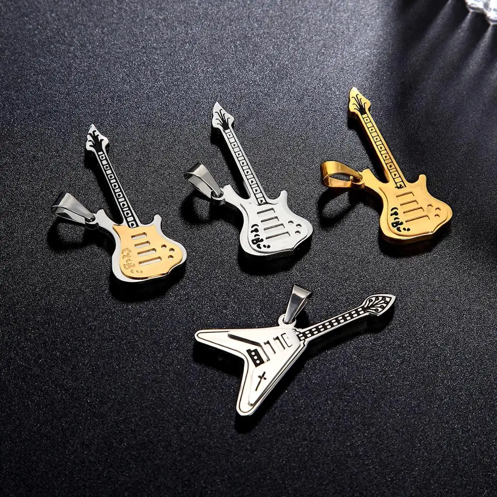 New Fashion stainless steel guitar necklace pendant men and women music hip hop rock Sweater chain jewelry Long short chain gift