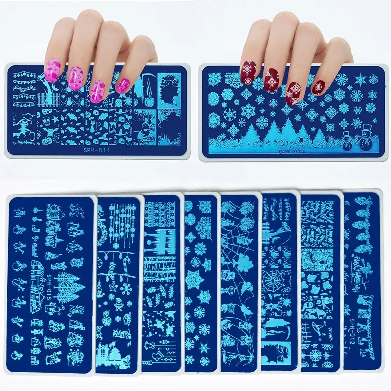 

1pc 8 Designs Nail Stamping Plates 6*12CM Xmas&Halloween Design Image Stamp Plate Nail Art Manicure Template Tools SPH (010-017)