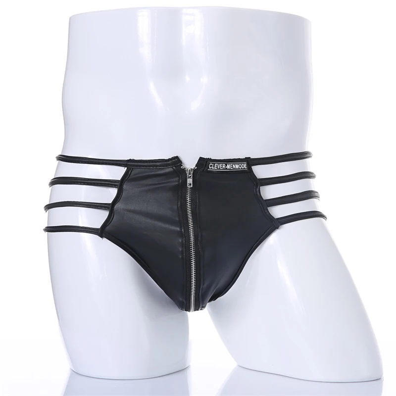 CLEVER-MENMODE-ropa interior de cuero sintético para hombre, Tanga Sexy, Bikini, suspensorio, bragas con parte trasera en T, bolsa con cremallera