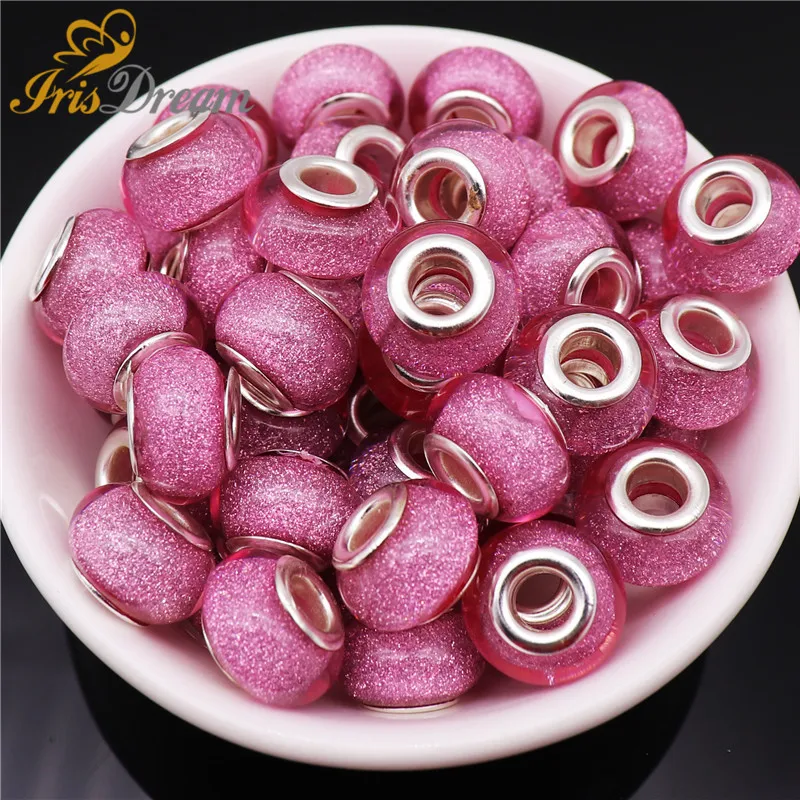 10Pcs New Rondelle Glitter Powder Murano Resin Glass Beads Spacer fit Pandora Bracelet Bangle European Beads for Jewelry Making