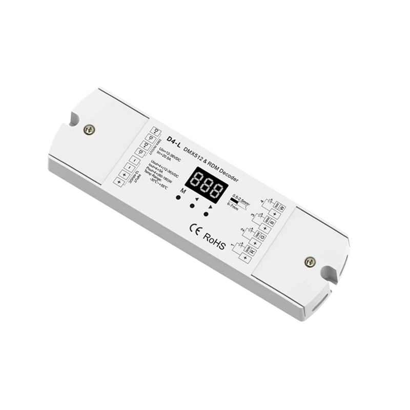 

Din Rail Led DMX Decoder;DC 12V-24V Input;5A*4CH 20A 4 Channel Output DMX512 RGB RGBW Strip RDM Slave Controller