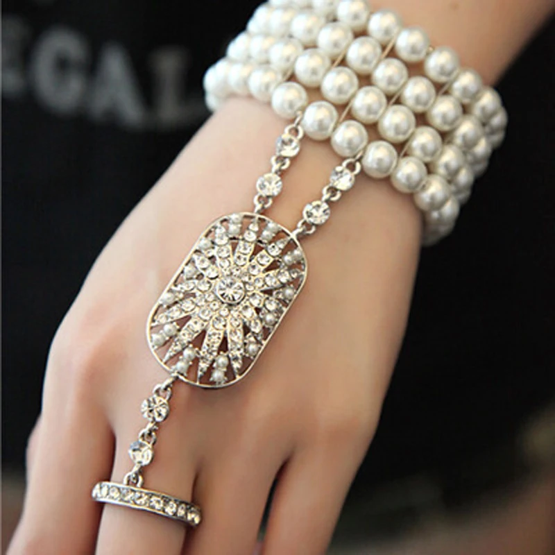 The Great Gatsby Bracelets Bella Fashion Pearl Bridal jewelry Bridal Bridesmaid Clear Stretch Austrian Bracelet Set for Women