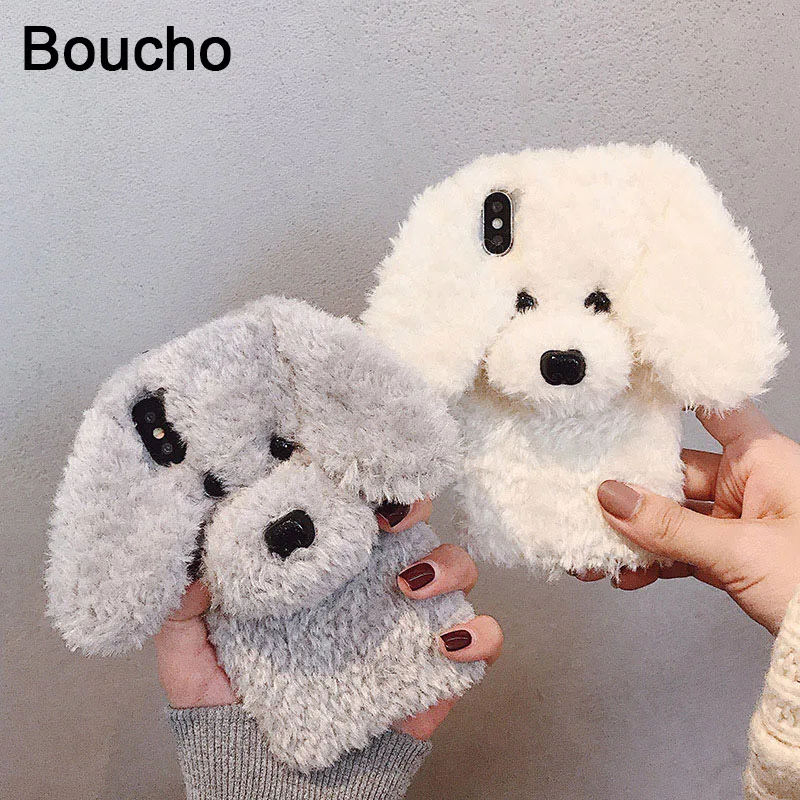 Cute Rabbit Hair Dog Cat Plush Phone Case for iPhone 14 13 12 11 Pro XS Max XS XR 8 7 Plus SE Rabbit Ears Fur Fluffy Soft Cover