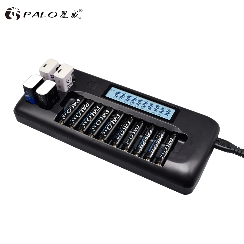 PALO 14-Slots LCD Display Intelligente Batterie Ladegerät für 1,2 V AA AAA Ni-Mh Ni-CD Akku 9V Ni-Mh Ni-Cd Lithium-Batterie