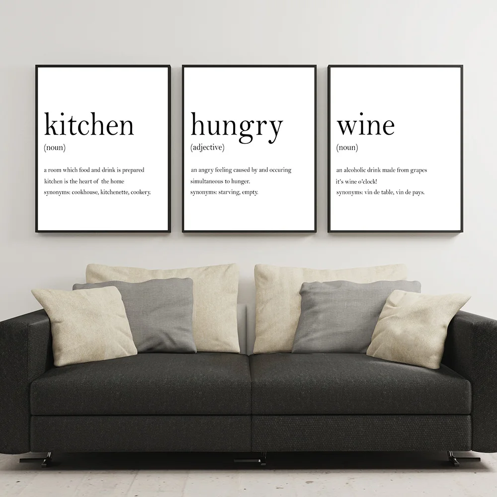 Kitchen Wall Art Prints Set Poster Hunger Angry Noun Wine Definition Canvas Painting Set Of 3 Prints Quote Decoration Picture