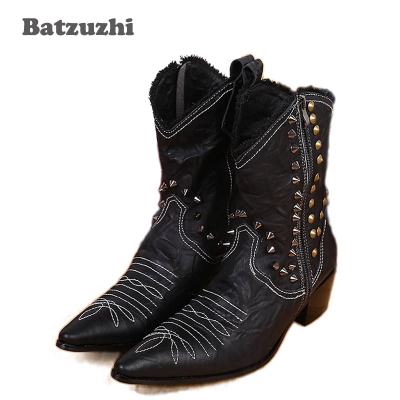 

Batzuzhi Size 38-46 Handmade Leather Boots Man Handsome Cowboy Boots Black with Rivets Pionted Toe Motorcycle Boots Man Cool