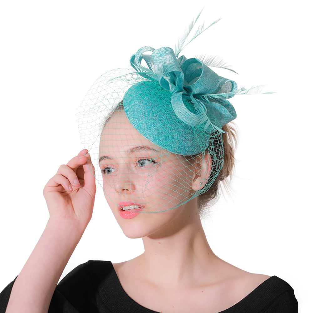 Frauen Fascinator Hut Nachahmung Sinamay Feder Tee Party Pillbox Blume Derby Milli nery Kirche Cocktail Kopf bedeckung neues Design – Detail 6