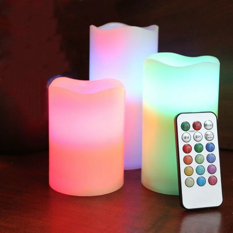 set of 3 flameless LED paraffin Candle Pillar lamp w/18key Remote controller 4H/8H Timer Wedding Home Bar table Decor-Multicolor