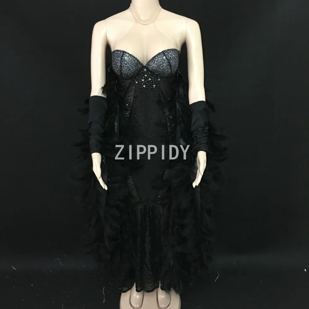 Fashion Flashing Black Rhinestones Sequins See Through Dress Nightclub Women  Mesh Feather Sleeves Prom Birthday Dress