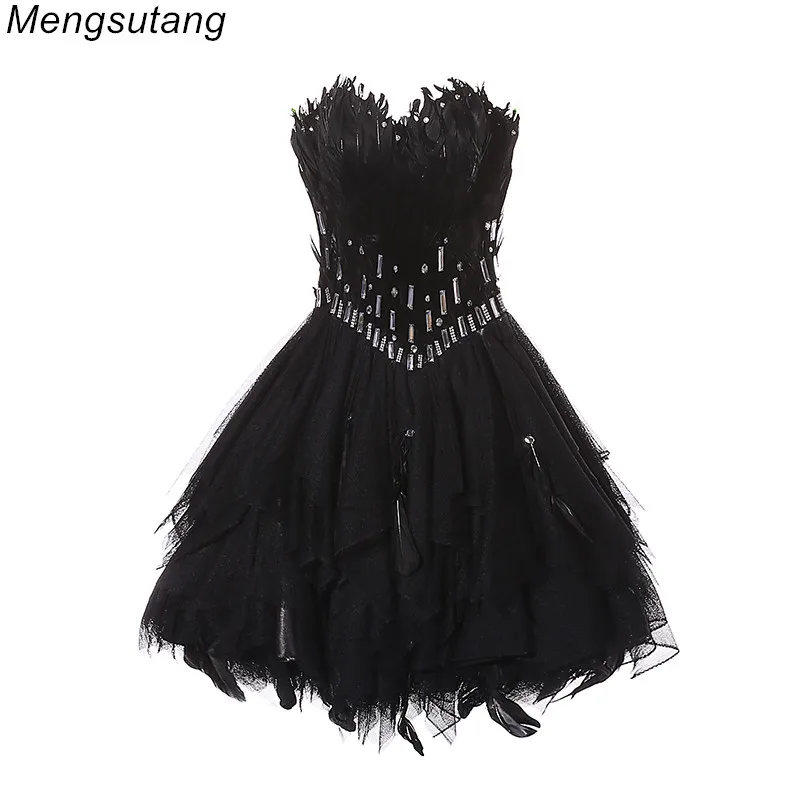 

Robe de soiree Black Ball Gown Princess StraplessProm Gowns vestido de festa feather short bouquet prom dresses evening dress