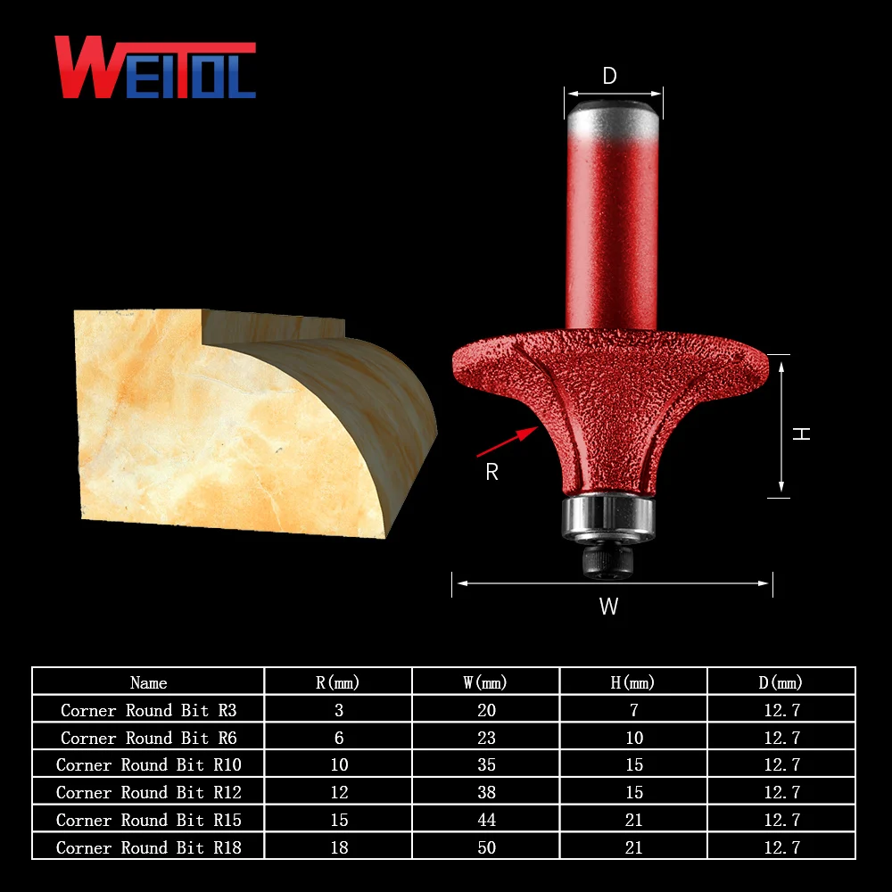 WeiTol 1/2 inch shank Corner round router bit diamond vacuum brazed stone cutter bits CNC machine grinding wheel