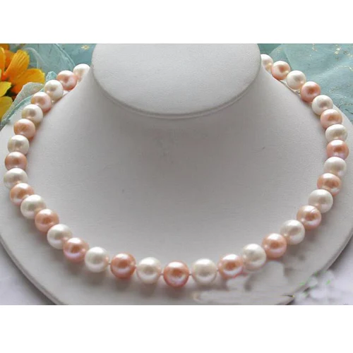 Terisa PearlJewelry 100% Real Pearl Necklace 18inches 10-12mm White Pink Freshwater Pearl Necklace Big Size Jewelry