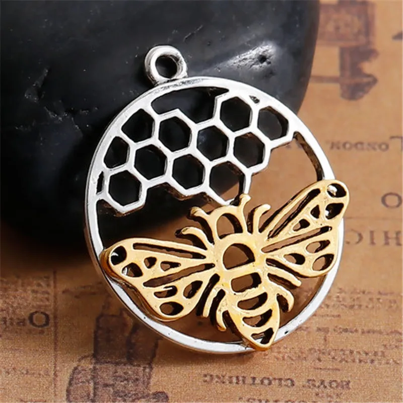 

8Seasons Zinc Based Alloy Charms Honeycomb Round Silver Color & Gold Tone Antique Gold Bee Hollow Charms 29mm x 25mm, 5 PCs