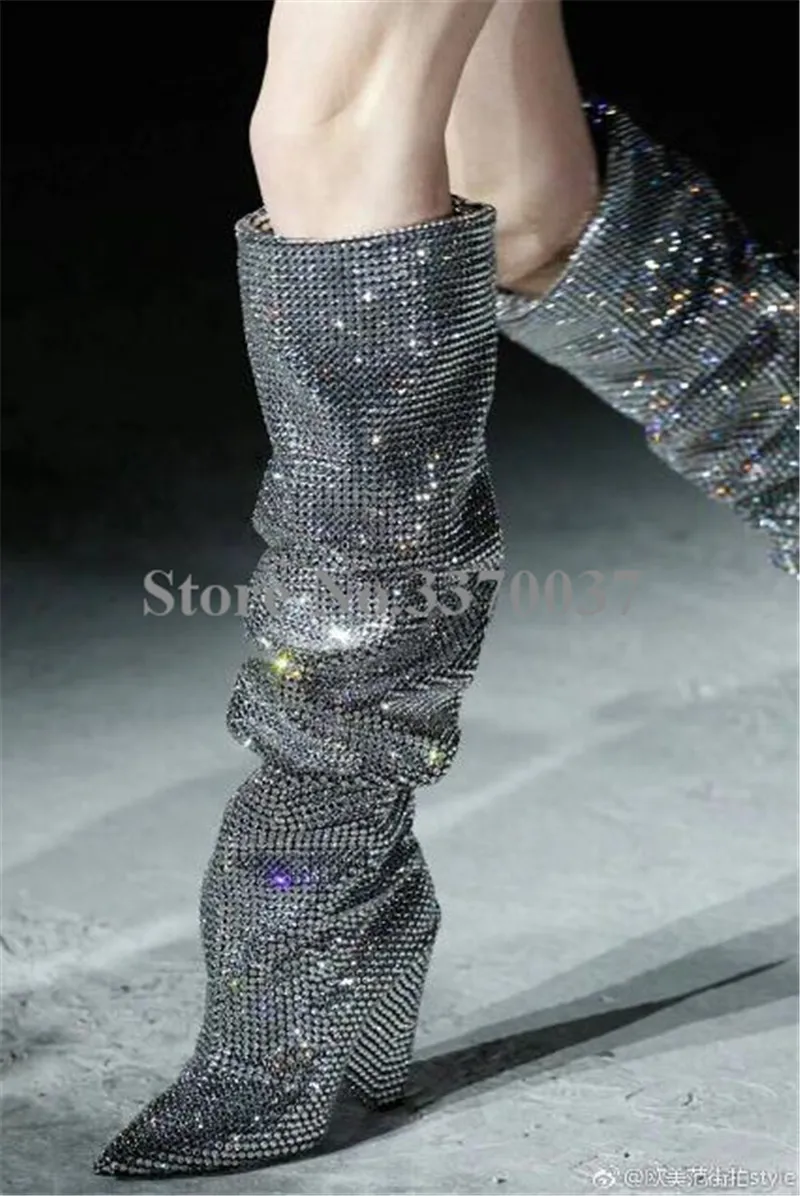 New Fashion Women Pointed Toe Silver Bling Bling Slip-on Over Knee Crystal Spike Heel Boots Pleated Rhinestone Long Boots