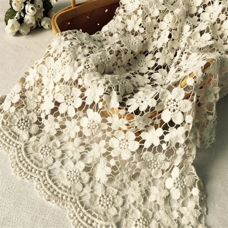 Vintage Beige Cotton Lace Fabric Guipure Fabric Floral Crochet Hollowed Sewing Fabric Material DIY Handmade Accessories