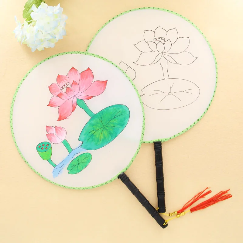 24cm DIY Blank White Silk Hand Fans with Handle Student Children Hand Painting Fine Art Programs Chinese Palace Round Fan gifts