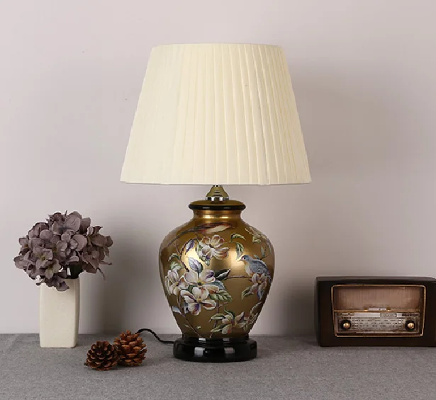 Chinese style flower&bird brown ceramic art Table Lamps Fashion fabric E27 LED lamp for bedside&foyer&studio&tea room MF001