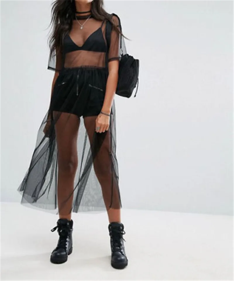 New Sexy Fashion Women Black Gauze Mesh See Through Transparent Dress Short Sleeve Sheer Causal Summer Long Maxi Dress Outwear