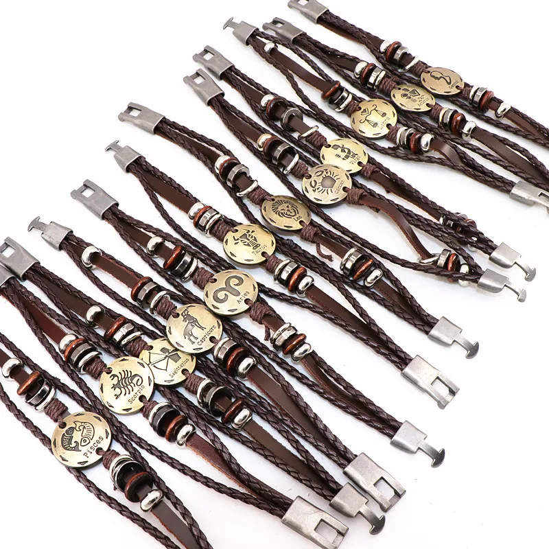 Wholesale 36pcs/lot Twelve Constellations Leather Bracelet Retro Brown MultiLayer Buckle Punk Woven Zodiac Bangle For Men Wome