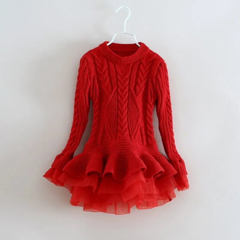 Brand Kids Girls Knitted Sweater Dresses Princess Pullovers sweaters Princess Dress with lace shrugs for Autumn Winter 2-6Y