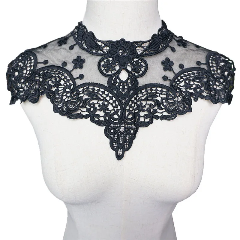 36CM Black Embroidered Flowers Lace Collar Mesh Appliques Gothic Maid Wear Vintage Trims Sew On Patch For Wedding Evening Dress