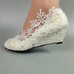 New arrival white Big flower Lace wedding shoes Wedges ladies shoes woman High heels Pumps 3cm/5cm Bride wedding shoe