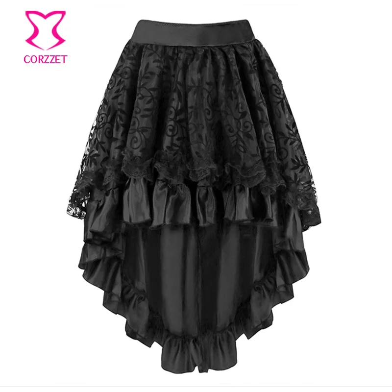 Corzzet dispone di Brown Raso E Maglia Steampunk Epoca Gotica Gonne Burlesque Costume Sexy Ruffle Skirt Per Le Donne Corrispondenza Corsetto