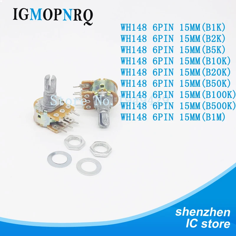 10pcs Dual Stereo Potentiometer B1K B2K B5K B10K B20K B50K B100 B500K shaft 15mm 15 shaft =15 6Pin Shaft WH148 Amplifier