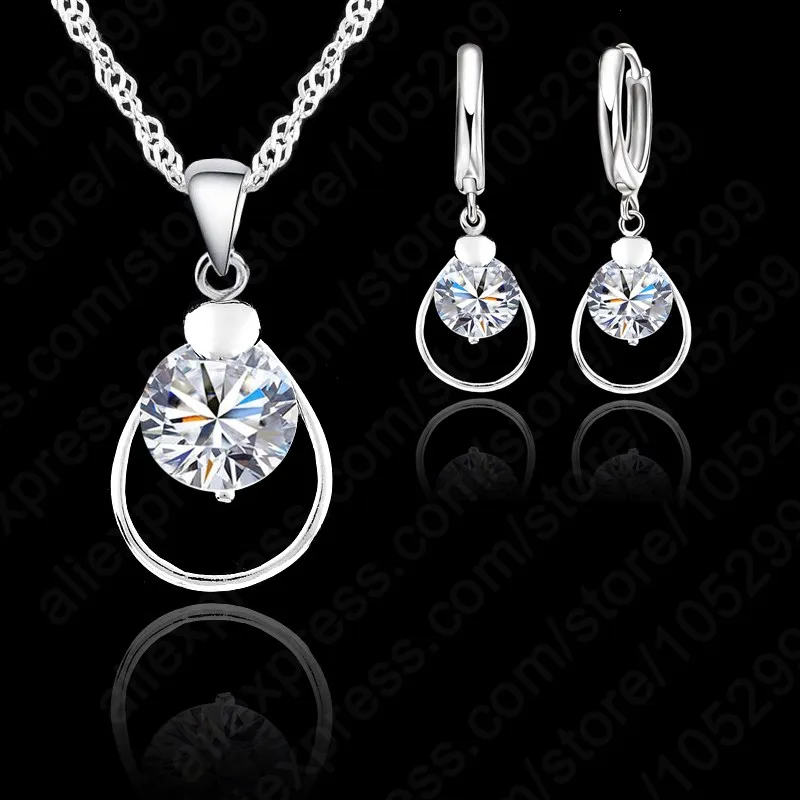 Real Pure 925 Sterling Silver Swiss CZ Crystal Lever Back Loop Earring Pendant Necklace Woman Wedding Bridal Party Jewelry Sets