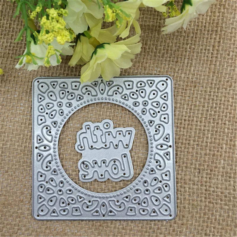 2pcs Wish Letters With Love Square Lace Metal Cutting Dies Stencil Scrapbooking Photo Album Card Paper Embossing Craft DIY