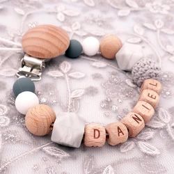 Handgemachtes Freies Personalisierte Name Silikon Holz Schnuller Clips Sicher Zahnen Kette Baby Beißring Umweltfreundliche Dummy Clips Halter