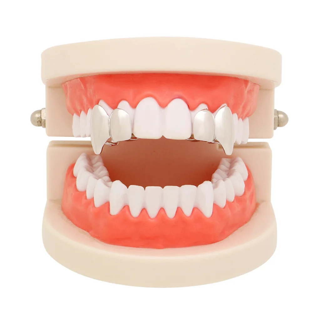 2PC 1Pair Fang Men Hip Hop teeth Grillzs Top Bottom TeethGrillz Vampire Fang Men's Hip Hop Rapper Jewelry