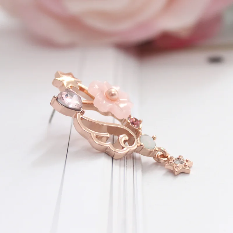 Japanese Pink Card Captor Sakura Earrings Rose Gold Color Angel Wing Rhinestone Star Moon Star Drop Earrings For Women Girls