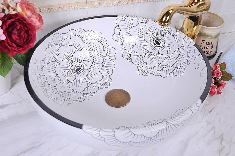 

Peony pattern Jingdezhen factory directly art hand painted ceramic deep basin sink bathroom wash basin bowl