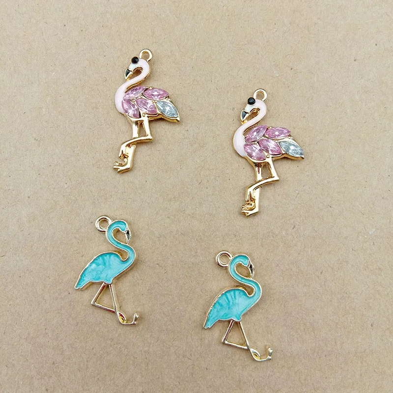 10PCS Beauty Lady Jewelry Colorful Enamel Grace Crystal Flamingos Shape Alloy Charm Necklace Pendants Jewelry Making YZ330