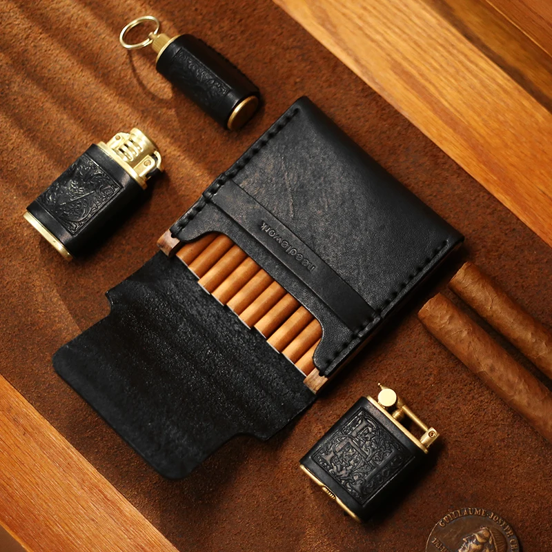 Retro Black Leather Wooden Slim Pipe Cigarette Case Box Portable Cowhide Ultra-Thin Smoking Holder for Men Creative Gift Item