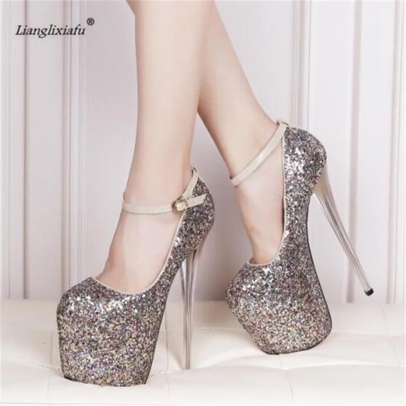 Crossdresser 34-48 49 50 Bling sequins Stiletto 19cm thin High-Heeled platforms Buckle shoes woman wedding pumps zapatos mujer