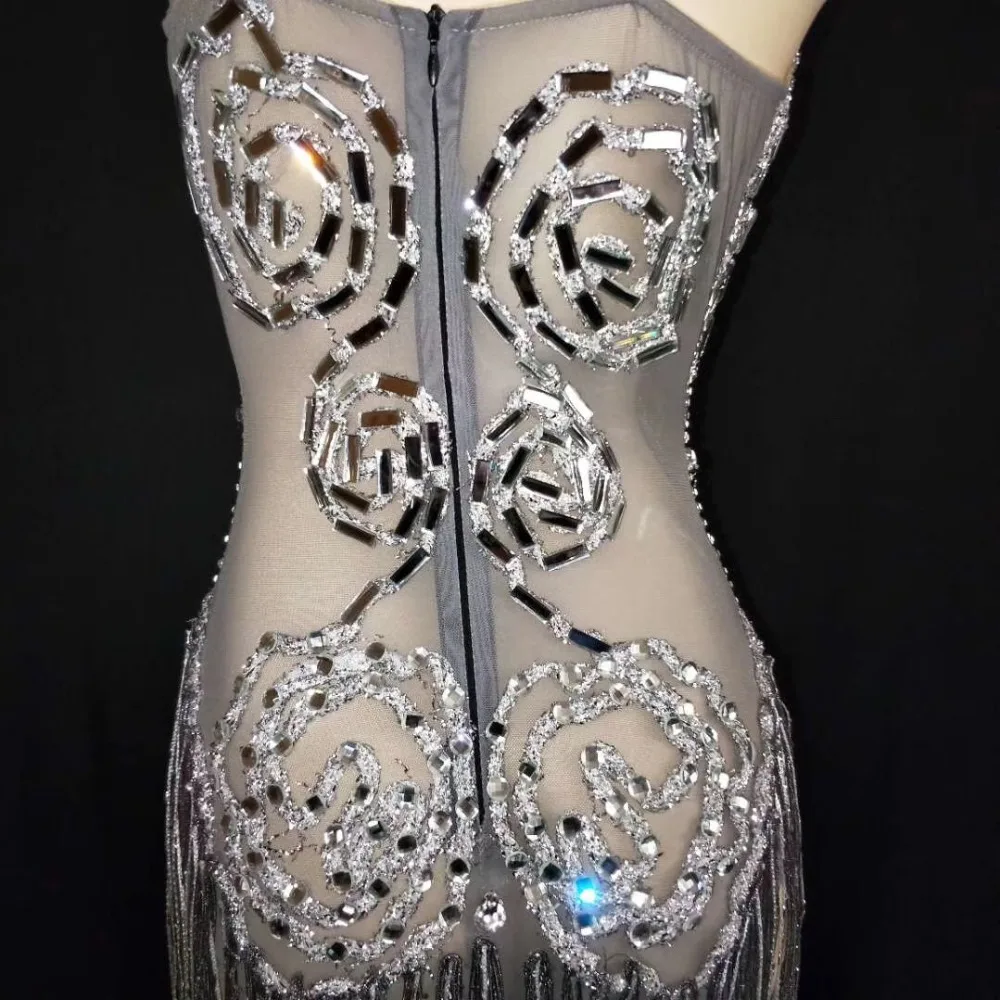 Sexy Stage Shining Silver Crystals Bodysuit See Through Birthday Celebrate Mesh Birthdday Outfit Party Dance Singer Bodysuit