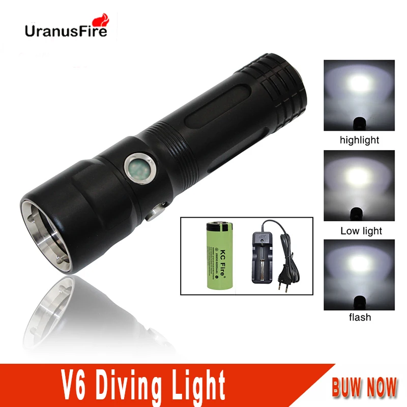 Uranusfire Scuba Diving Flashlight LED Waterproof  V6 2000 lumens Powerful Portable tactical lights 18650 26650 dive torch