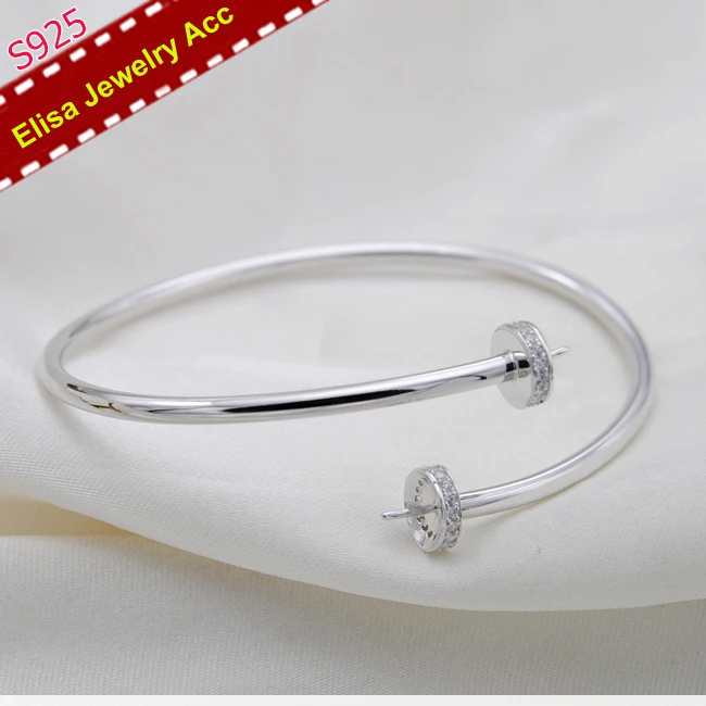 Double Pearl Bangle Jewelry Findings&Components S925 Sterling Silver Pearl Bracelet Accessory Silver Color 2Pcs/Lot