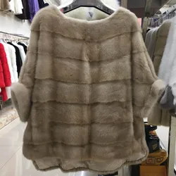 Real Mink Fur Coat for Women, Pocket Bat Sleeve, Batwing Jacket, Natural Fur Coat, Thick Warm Street Style, Short Sleeve